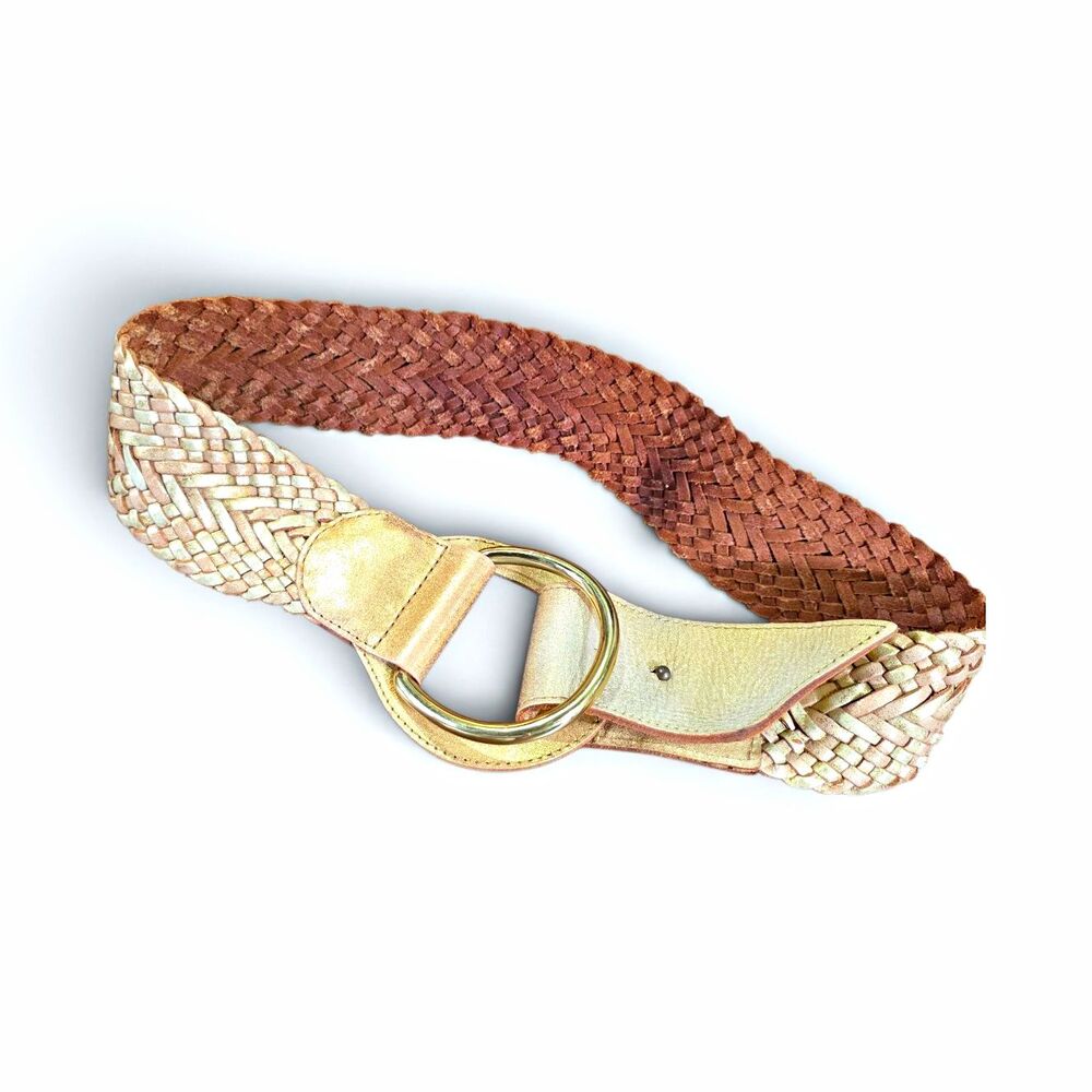 Linea Pelle Metallic Gold Brown Braided Leather Wide Contour Belt Small